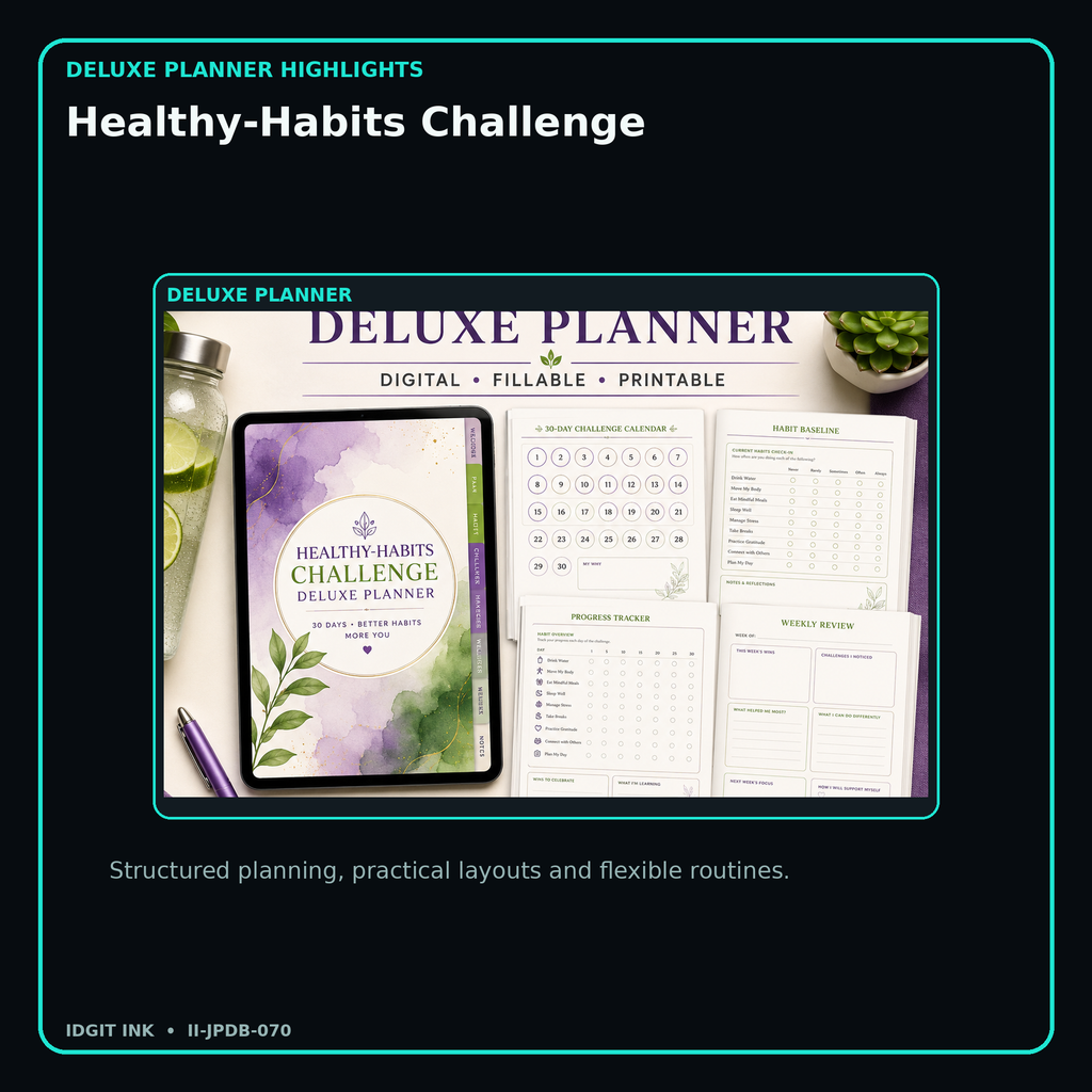 Healthy-Habits Challenge deluxe digital planner features and flexible organization