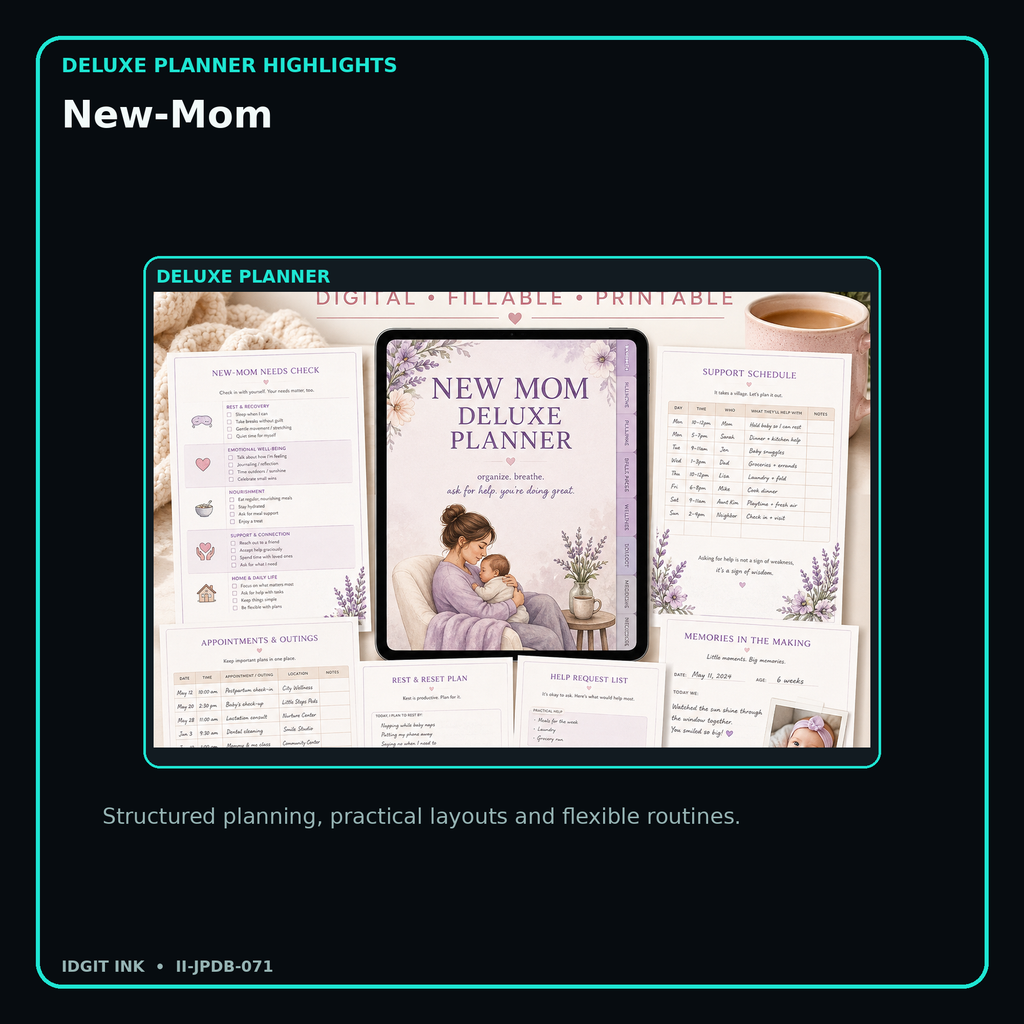 New-Mom deluxe digital planner features and flexible organization