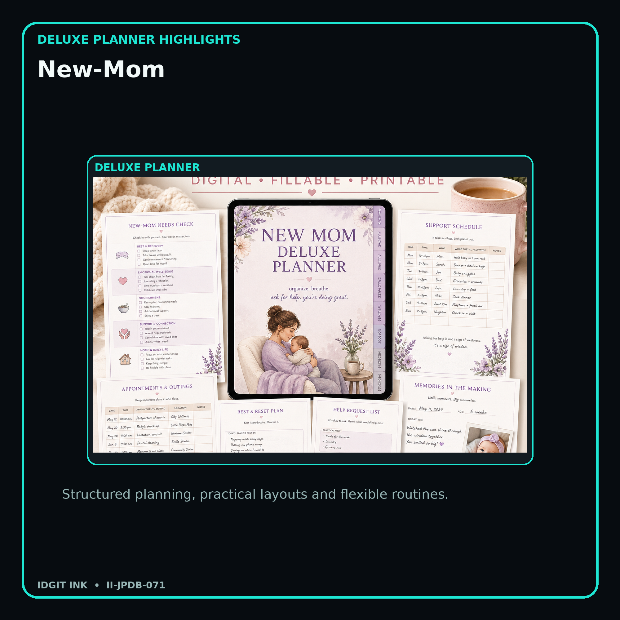 New-Mom deluxe digital planner features and flexible organization