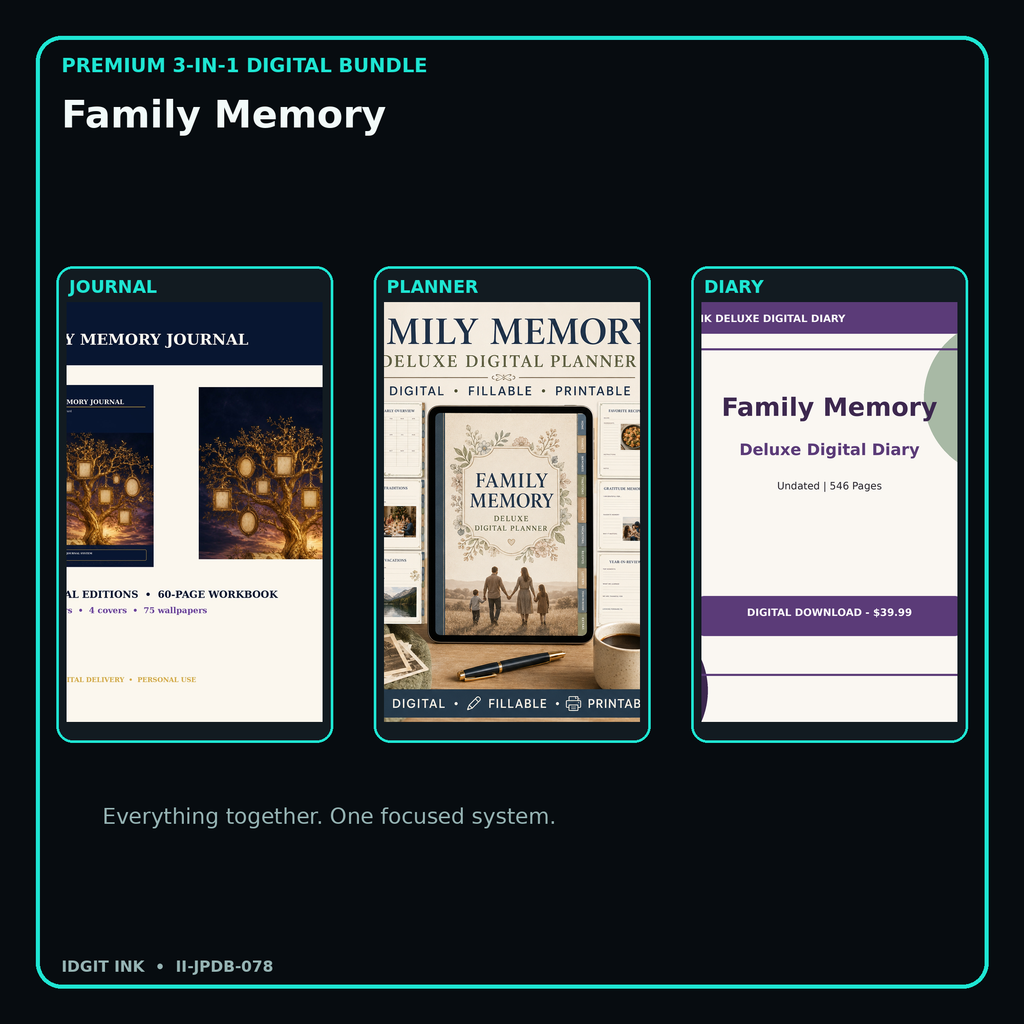 Family Memory premium digital journal planner and diary bundle cover