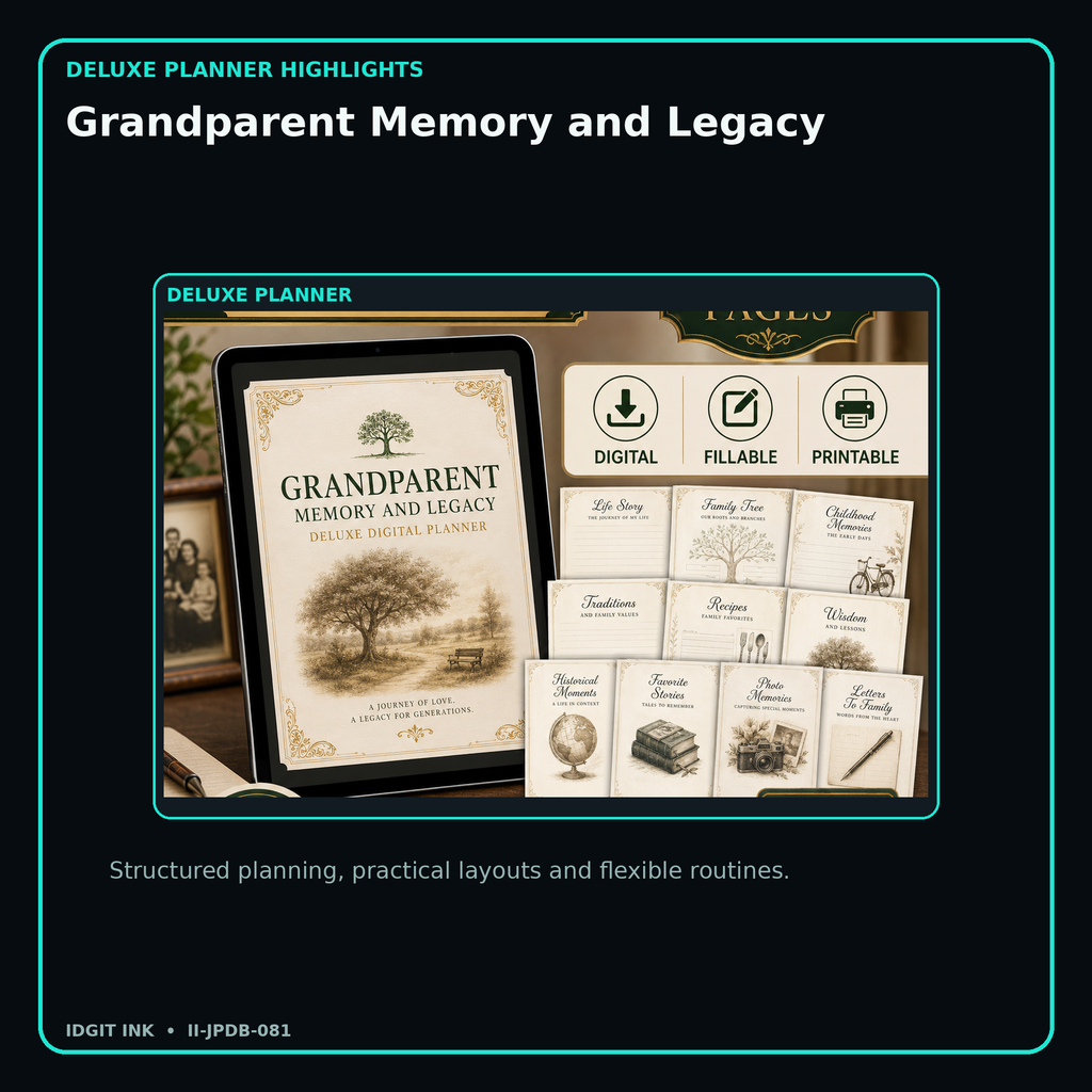 Grandparent Memory and Legacy deluxe digital planner features and flexible organization