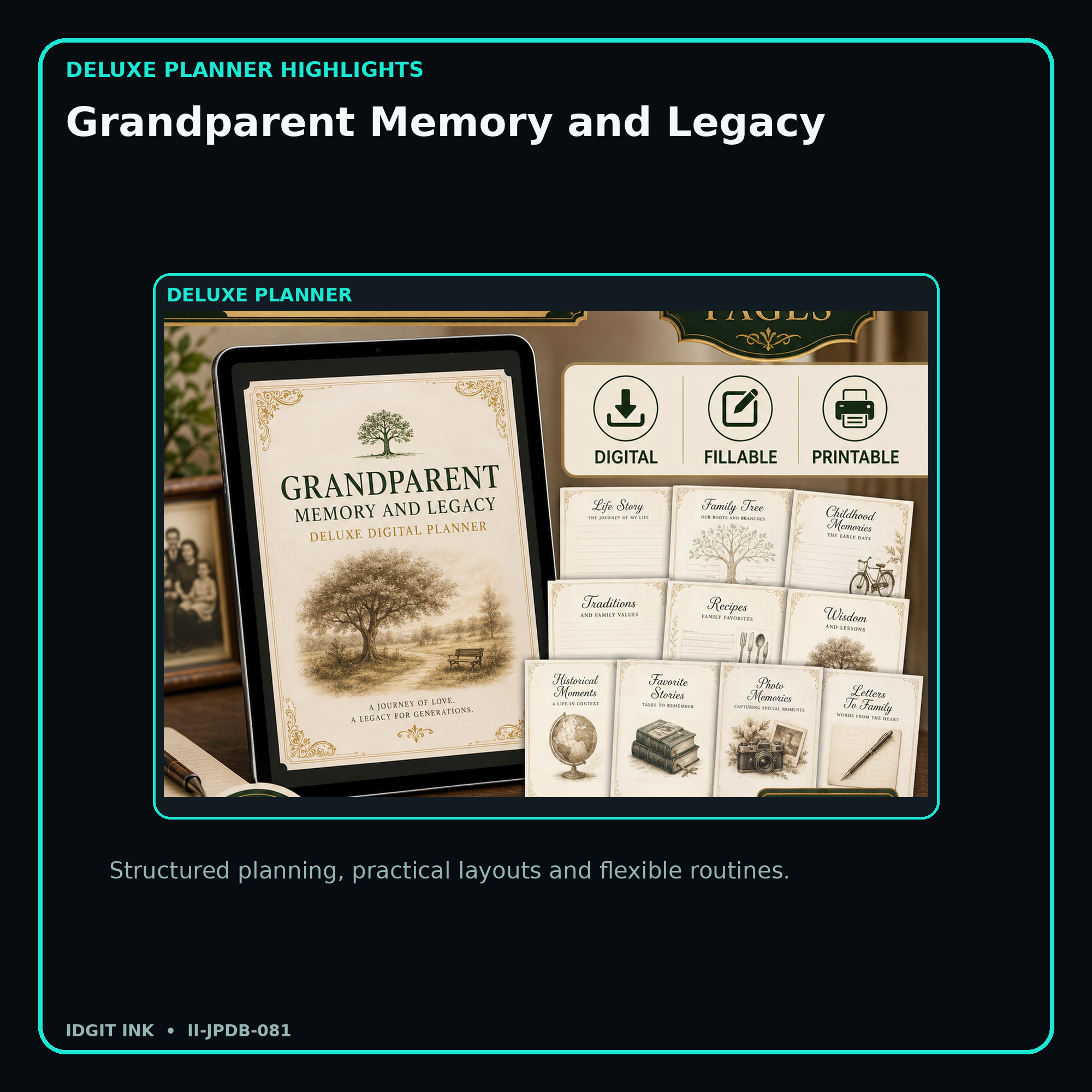 Grandparent Memory and Legacy deluxe digital planner features and flexible organization
