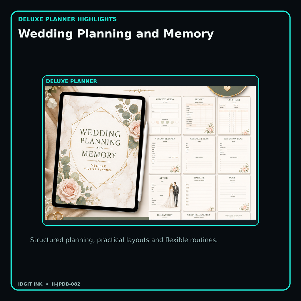 Wedding Planning and Memory deluxe digital planner features and flexible organization
