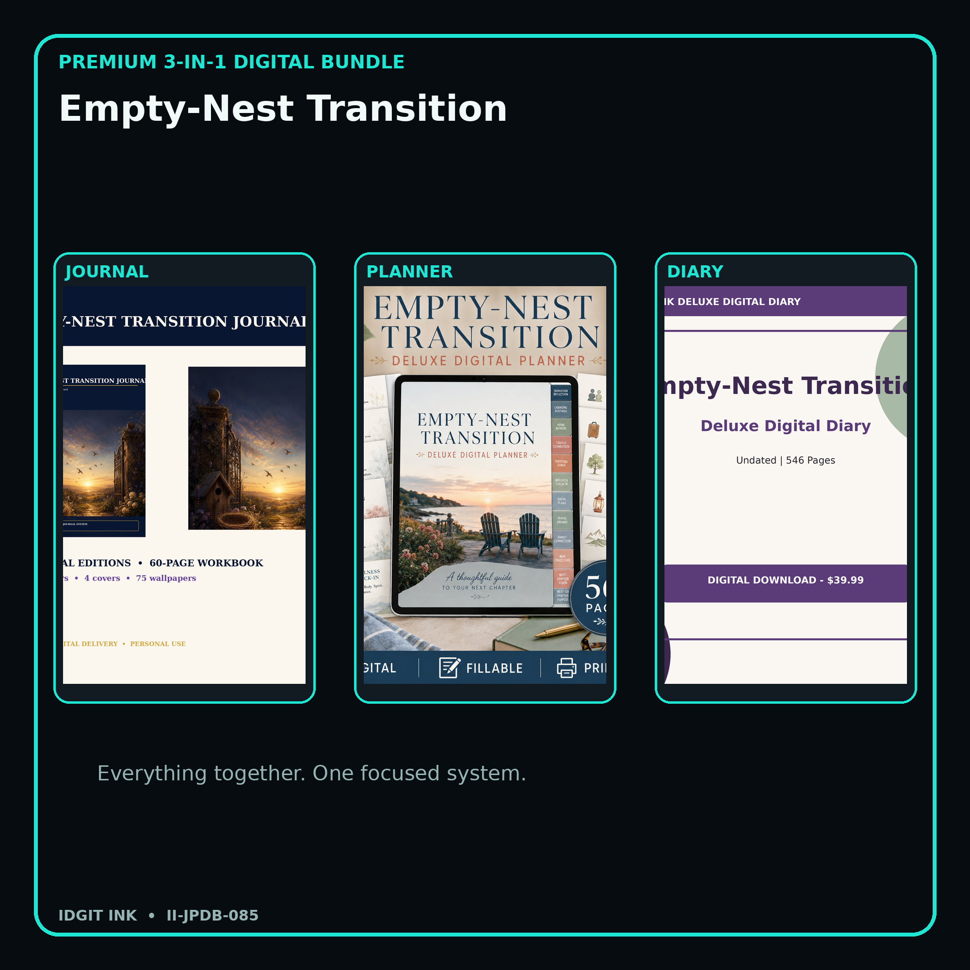 Empty-Nest Transition premium digital journal planner and diary bundle cover