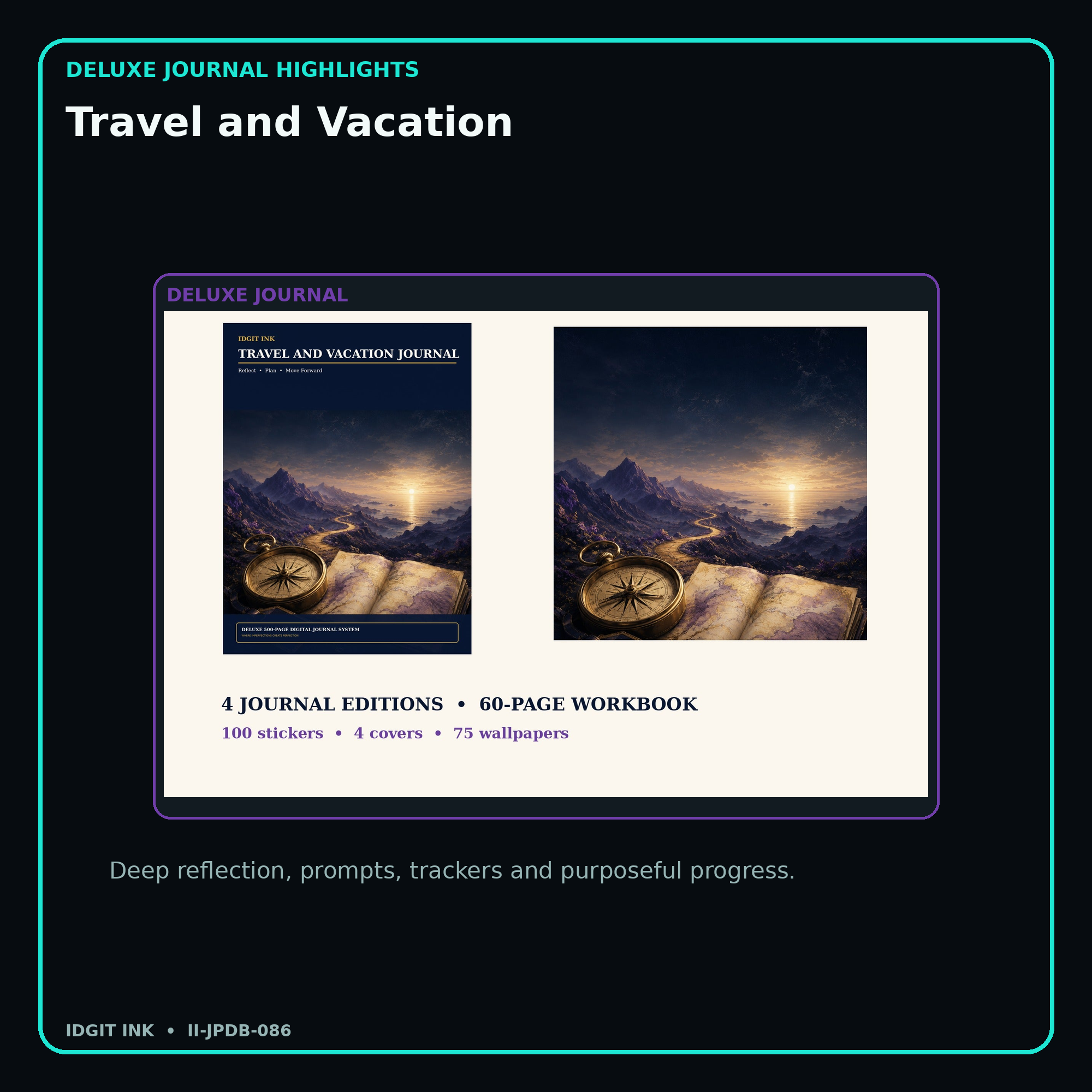 Travel and Vacation deluxe digital journal features and guided reflection pages