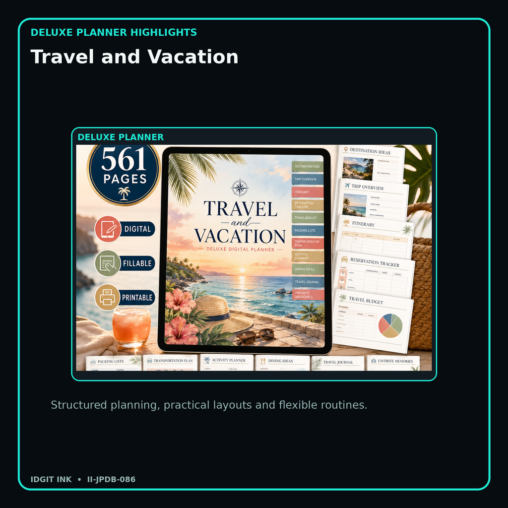 Travel and Vacation deluxe digital planner features and flexible organization