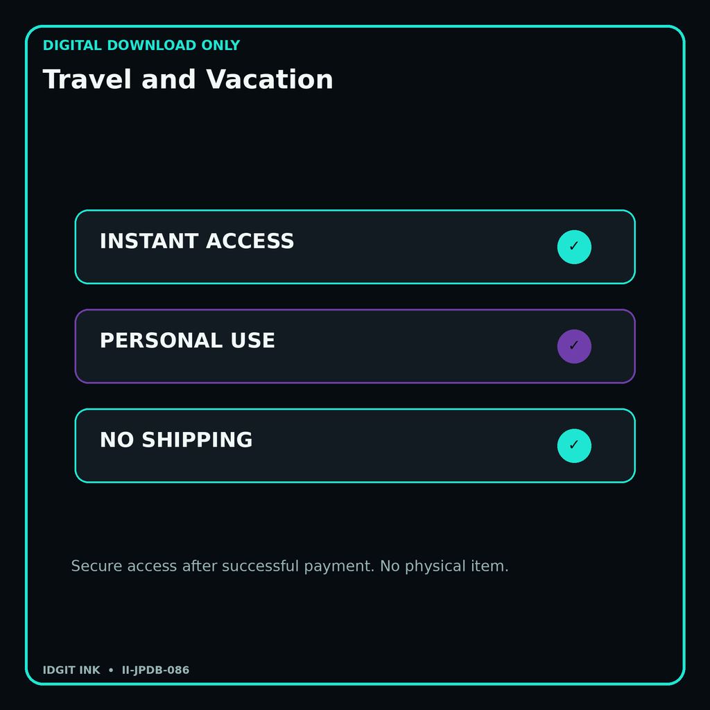 Travel and Vacation secure digital download personal-use and no-shipping notice