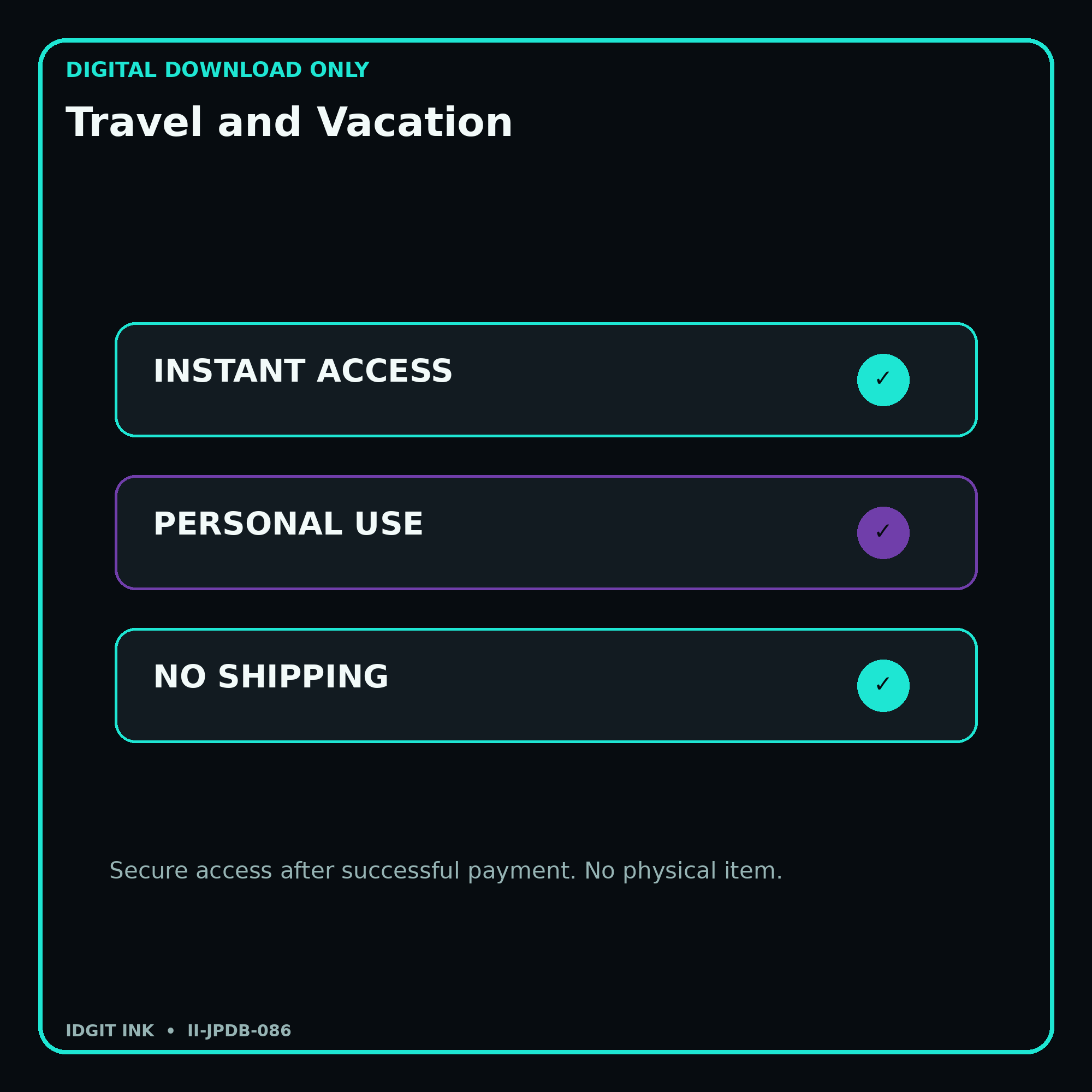 Travel and Vacation secure digital download personal-use and no-shipping notice