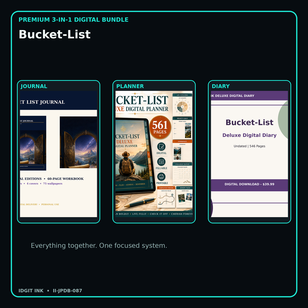 Bucket-List premium digital journal planner and diary bundle cover