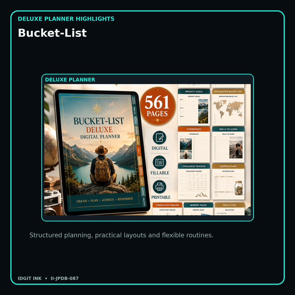 Bucket-List deluxe digital planner features and flexible organization