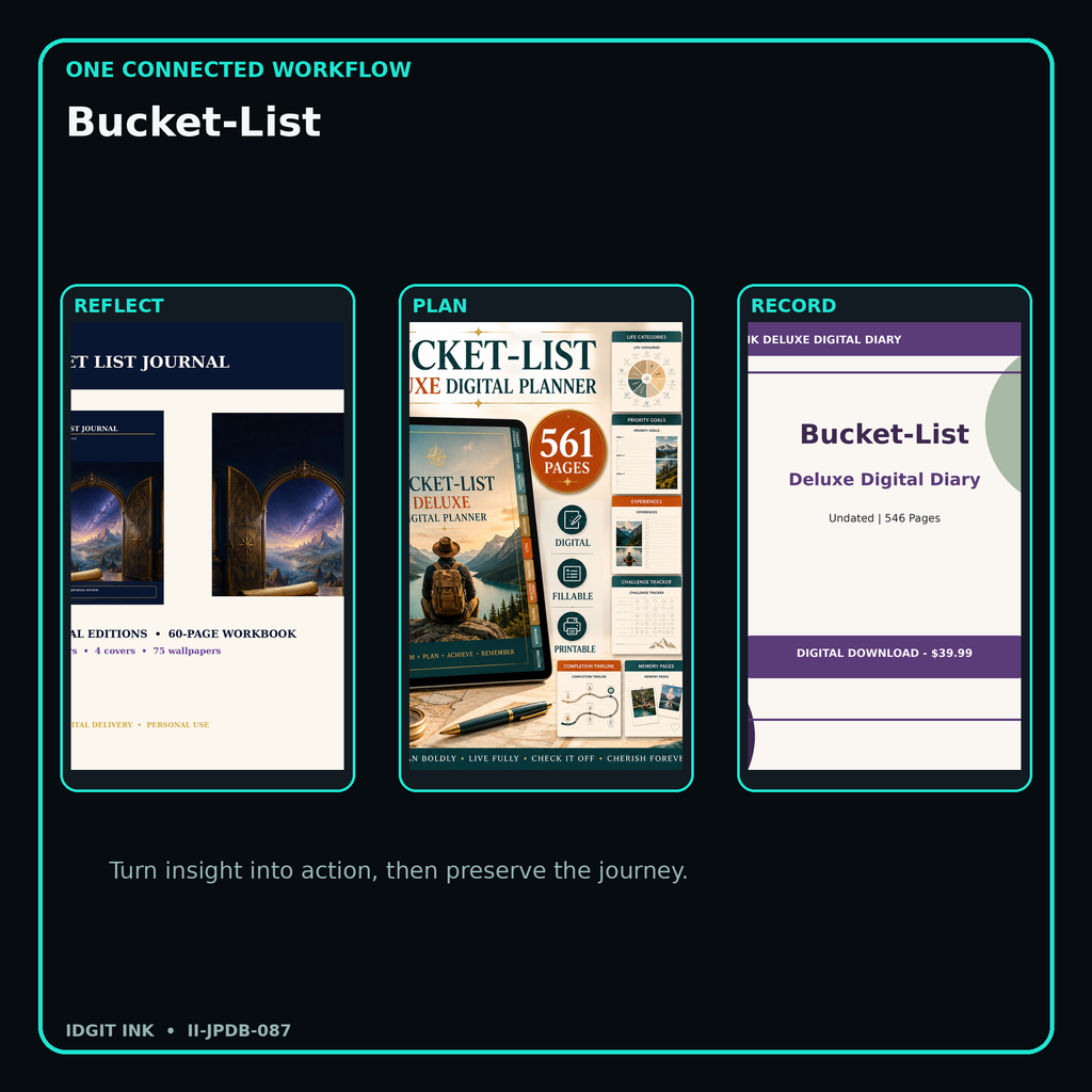 Bucket-List connected journal planner diary workflow and customer benefits