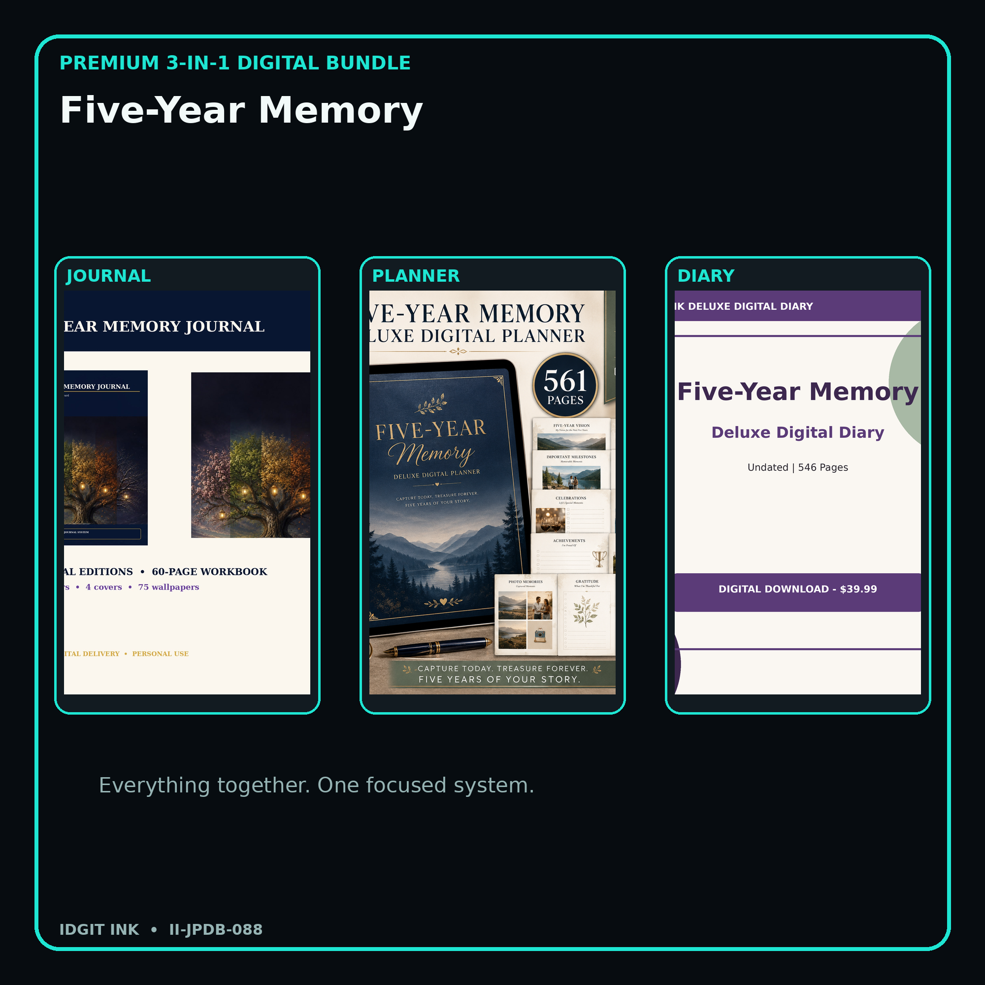Five-Year Memory premium digital journal planner and diary bundle cover