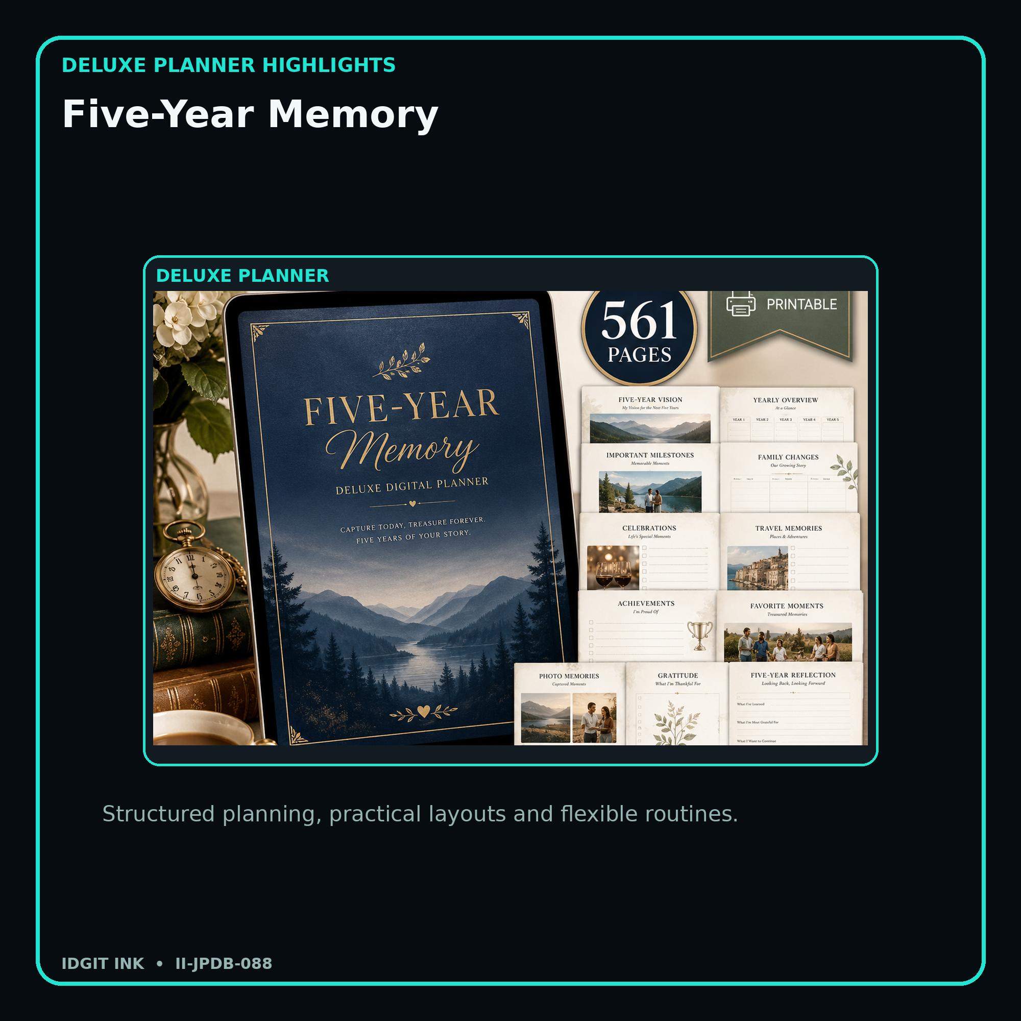 Five-Year Memory deluxe digital planner features and flexible organization