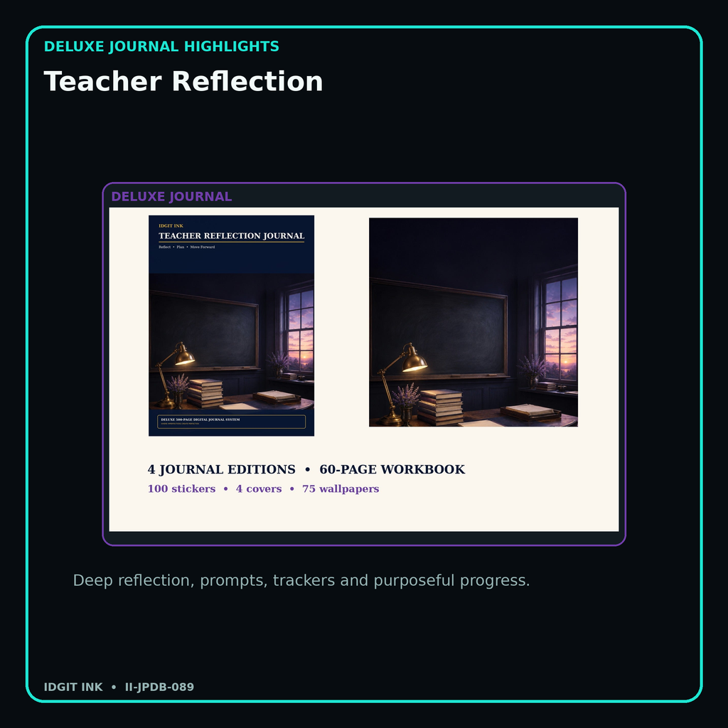 Teacher Reflection deluxe digital journal features and guided reflection pages