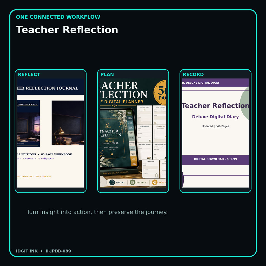 Teacher Reflection connected journal planner diary workflow and customer benefits