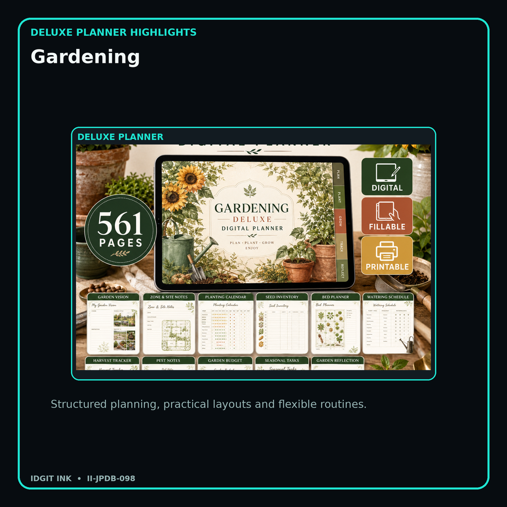 Gardening deluxe digital planner features and flexible organization