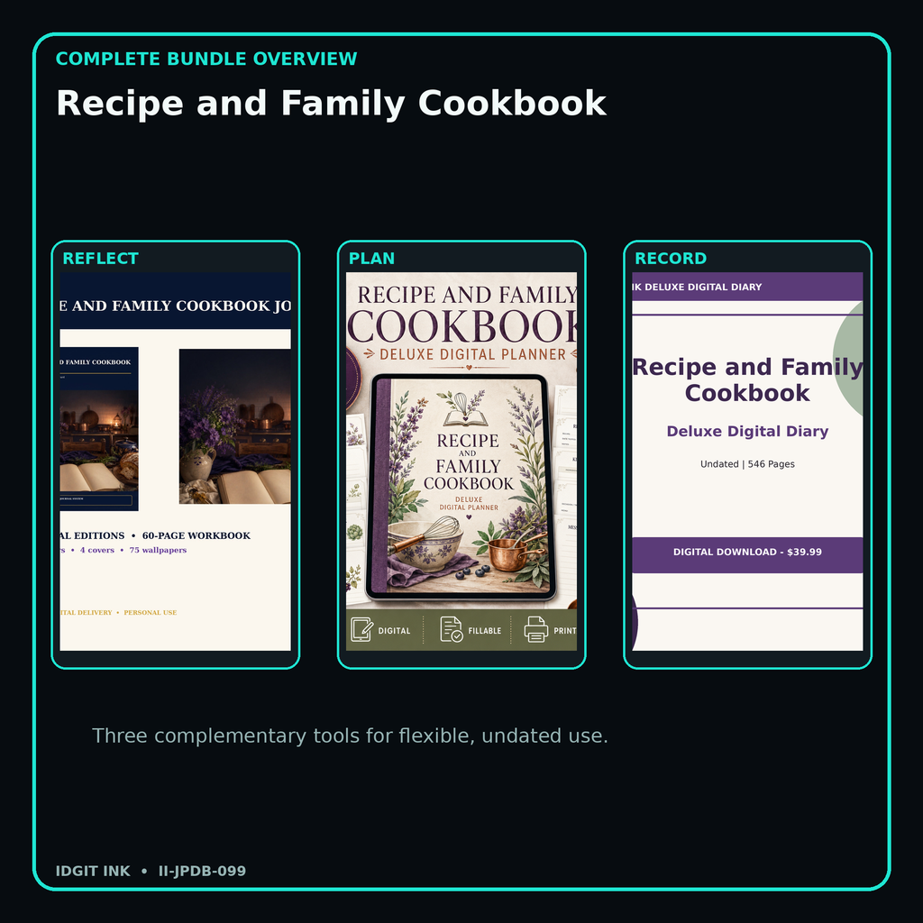 Recipe and Family Cookbook complete three-product digital bundle overview