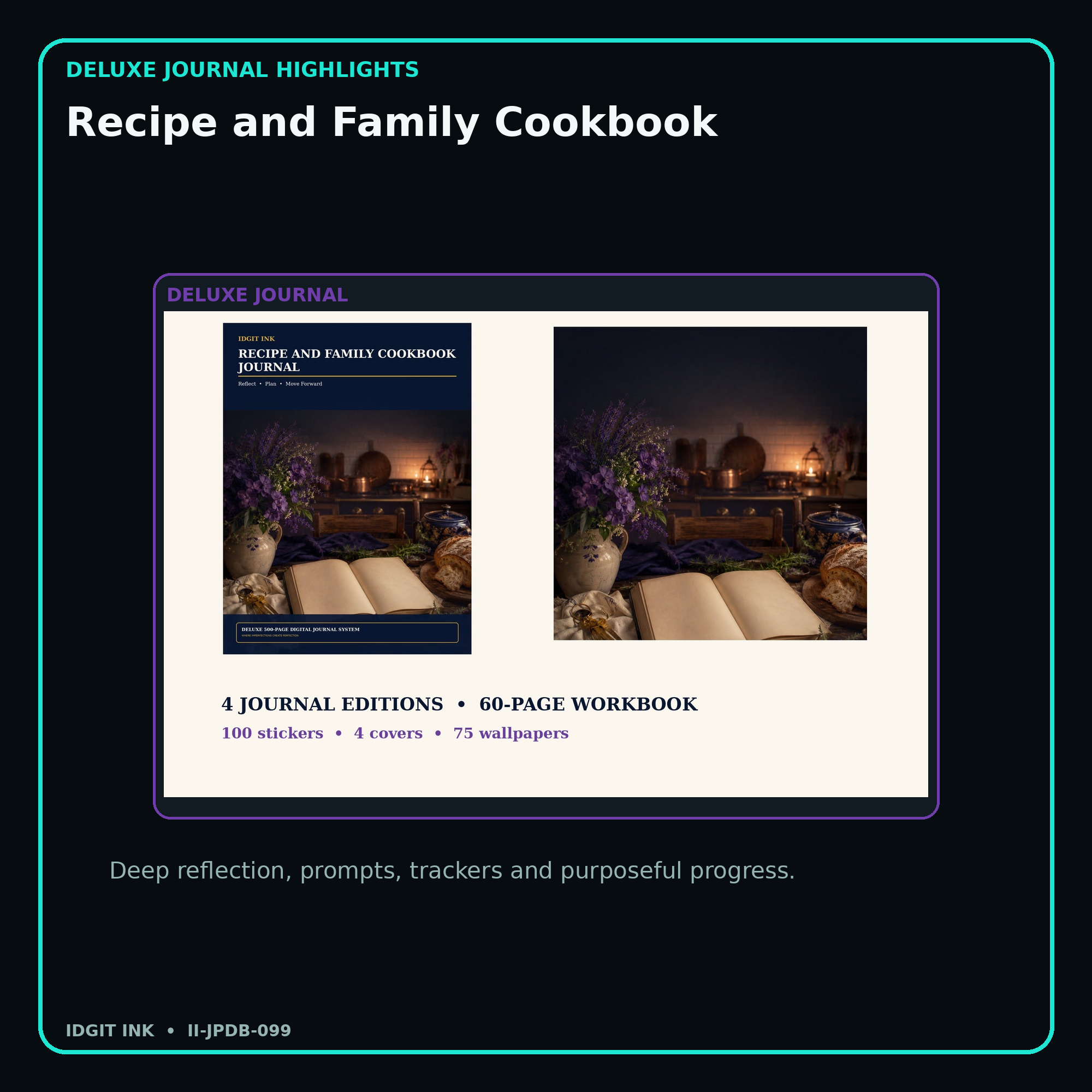 Recipe and Family Cookbook deluxe digital journal features and guided reflection pages