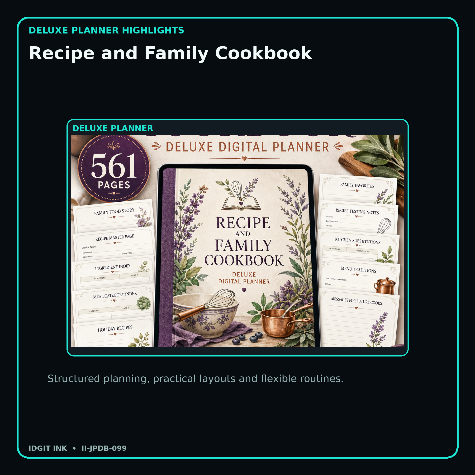 Recipe and Family Cookbook deluxe digital planner features and flexible organization
