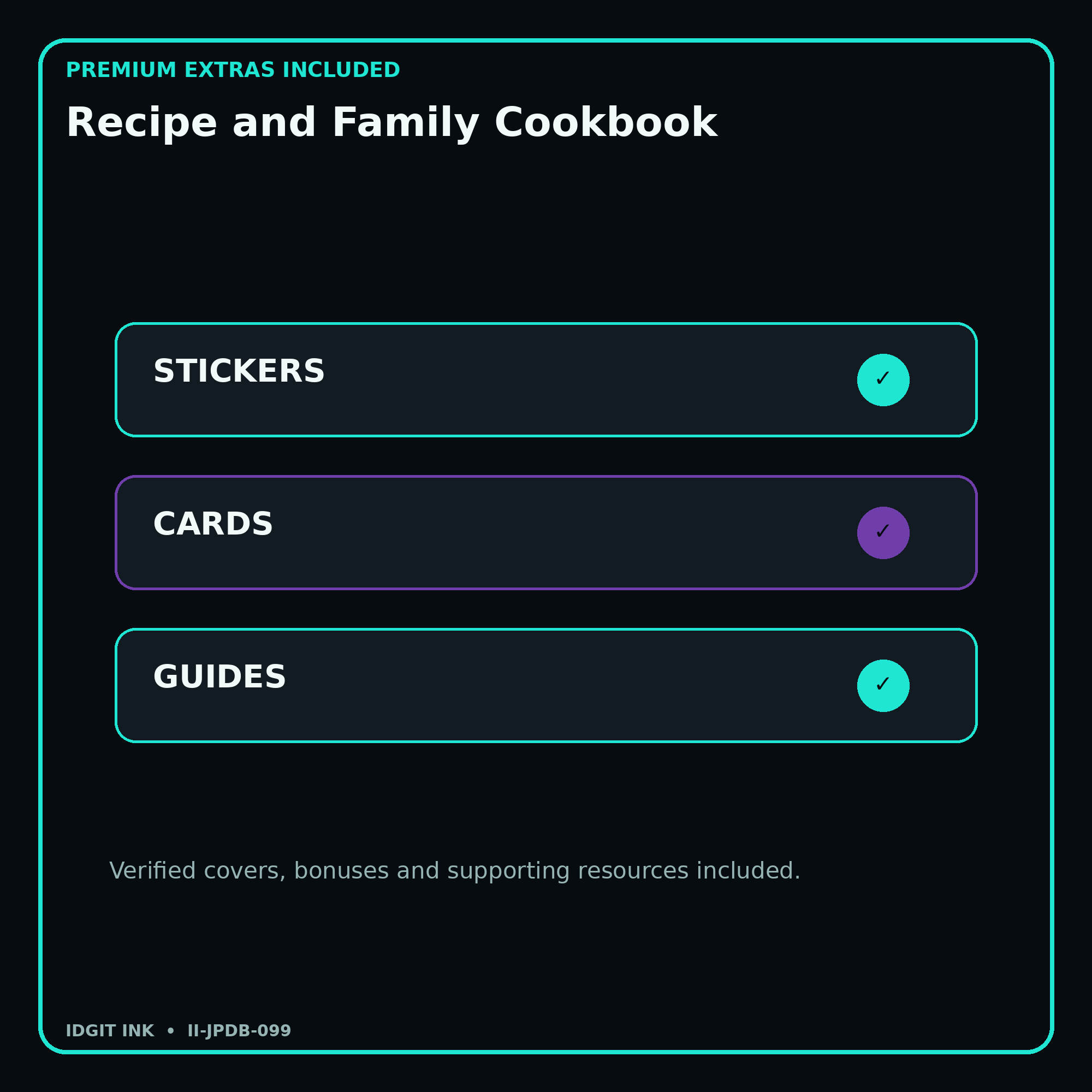 Recipe and Family Cookbook stickers cards covers guides and verified bundle bonuses