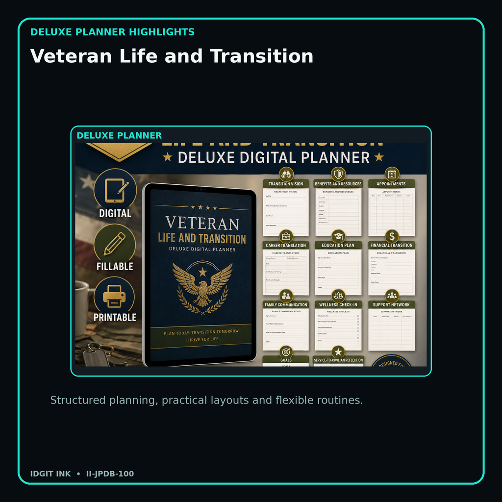 Veteran Life and Transition deluxe digital planner features and flexible organization