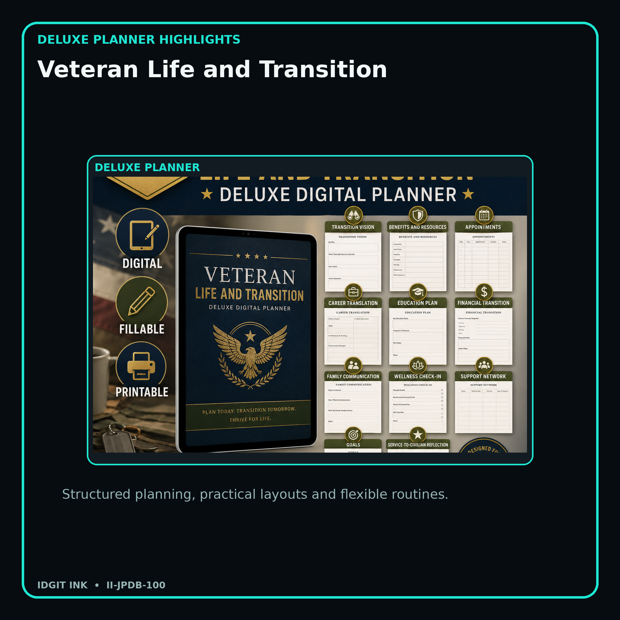 Veteran Life and Transition deluxe digital planner features and flexible organization