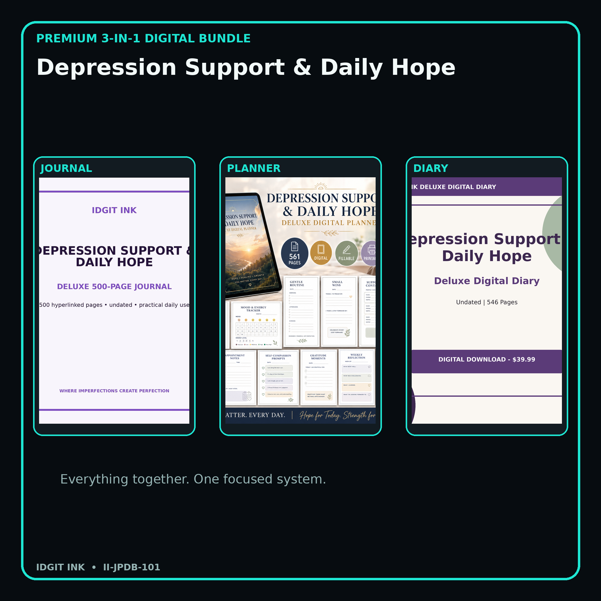 Depression Support & Daily Hope premium digital journal planner and diary bundle cover