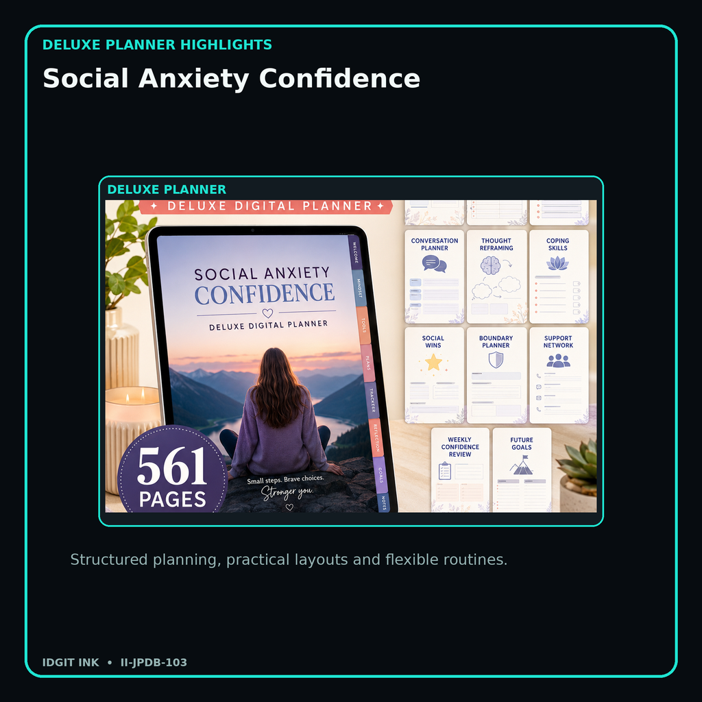 Social Anxiety Confidence deluxe digital planner features and flexible organization