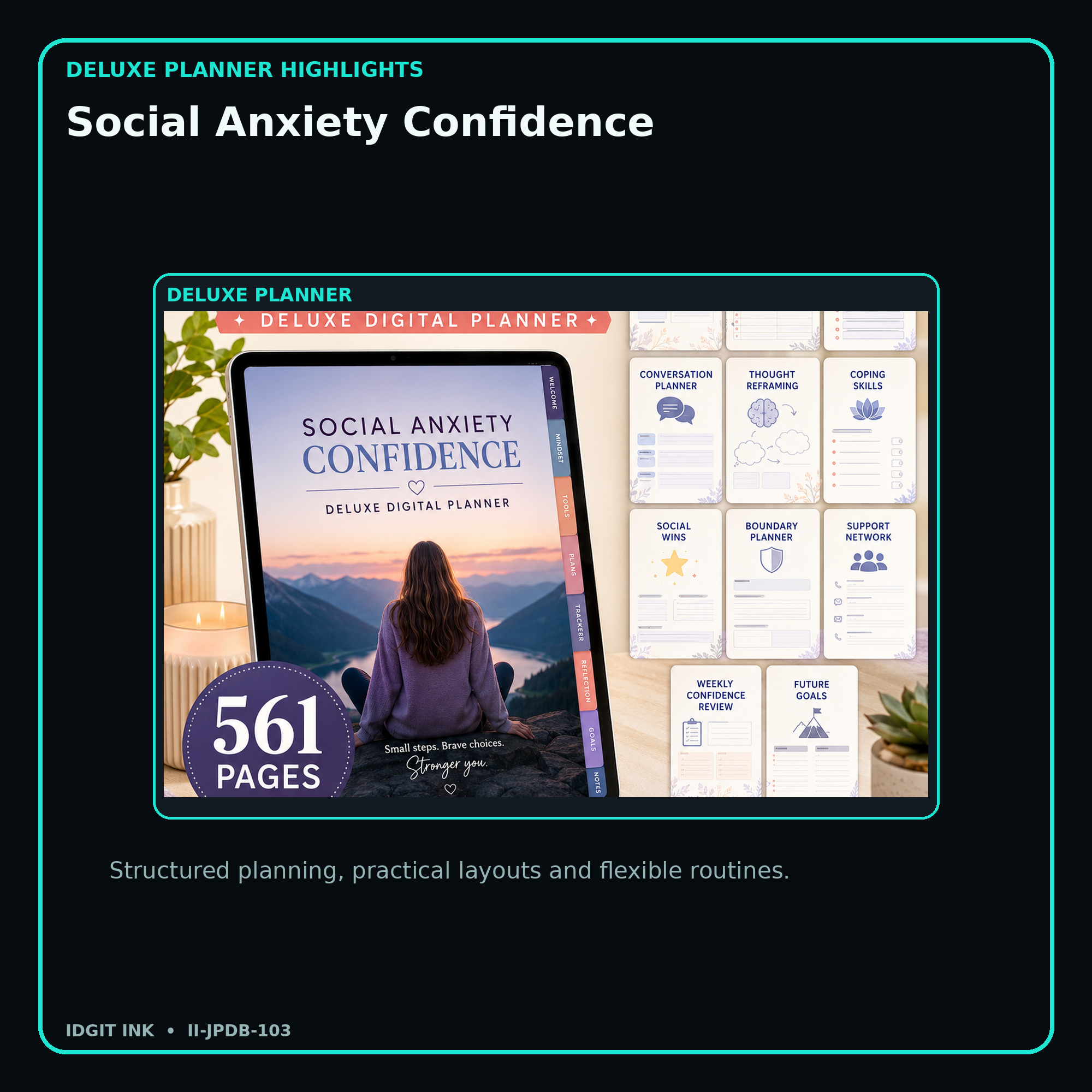 Social Anxiety Confidence deluxe digital planner features and flexible organization