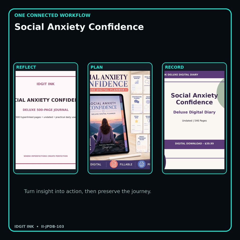 Social Anxiety Confidence connected journal planner diary workflow and customer benefits