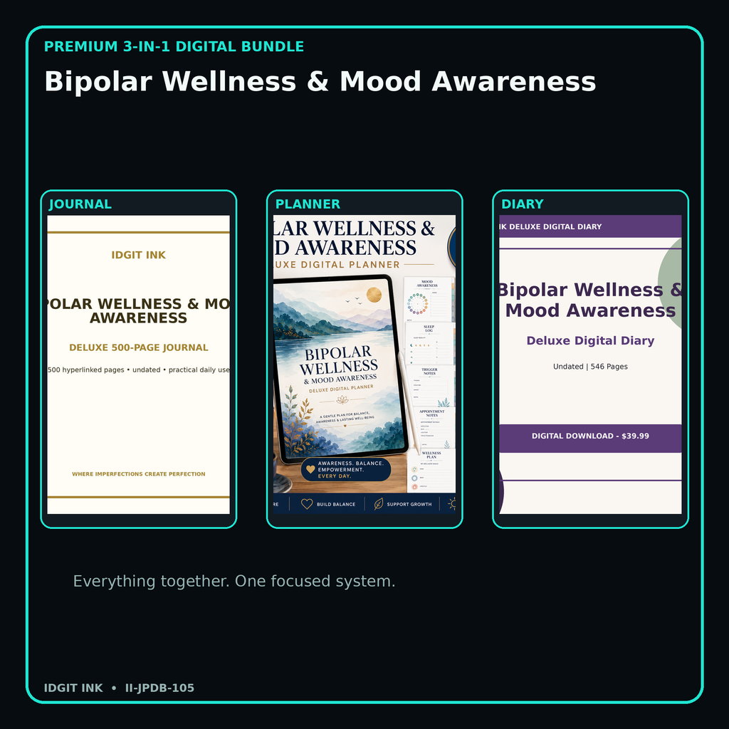 Bipolar Wellness & Mood Awareness premium digital journal planner and diary bundle cover