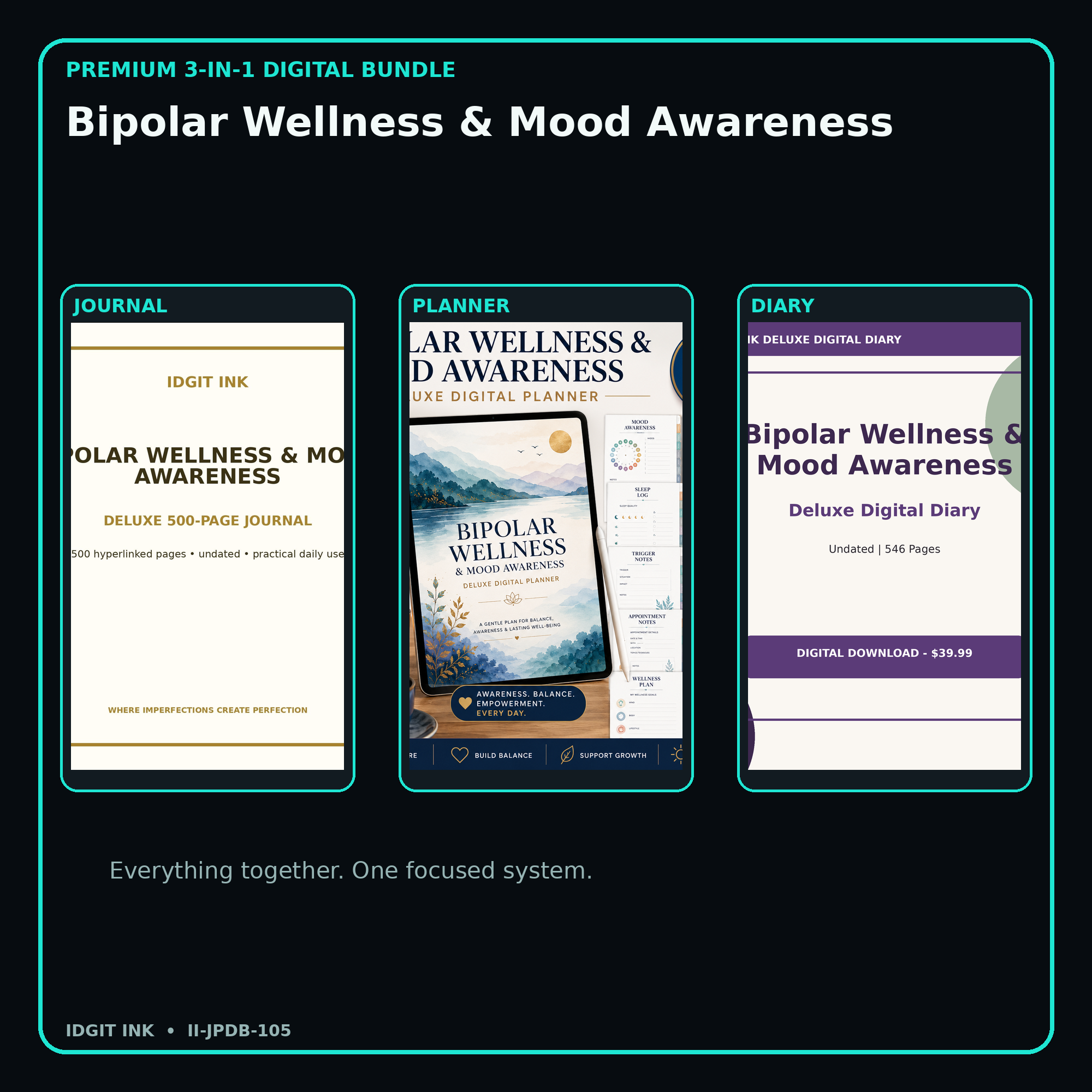 Bipolar Wellness & Mood Awareness premium digital journal planner and diary bundle cover