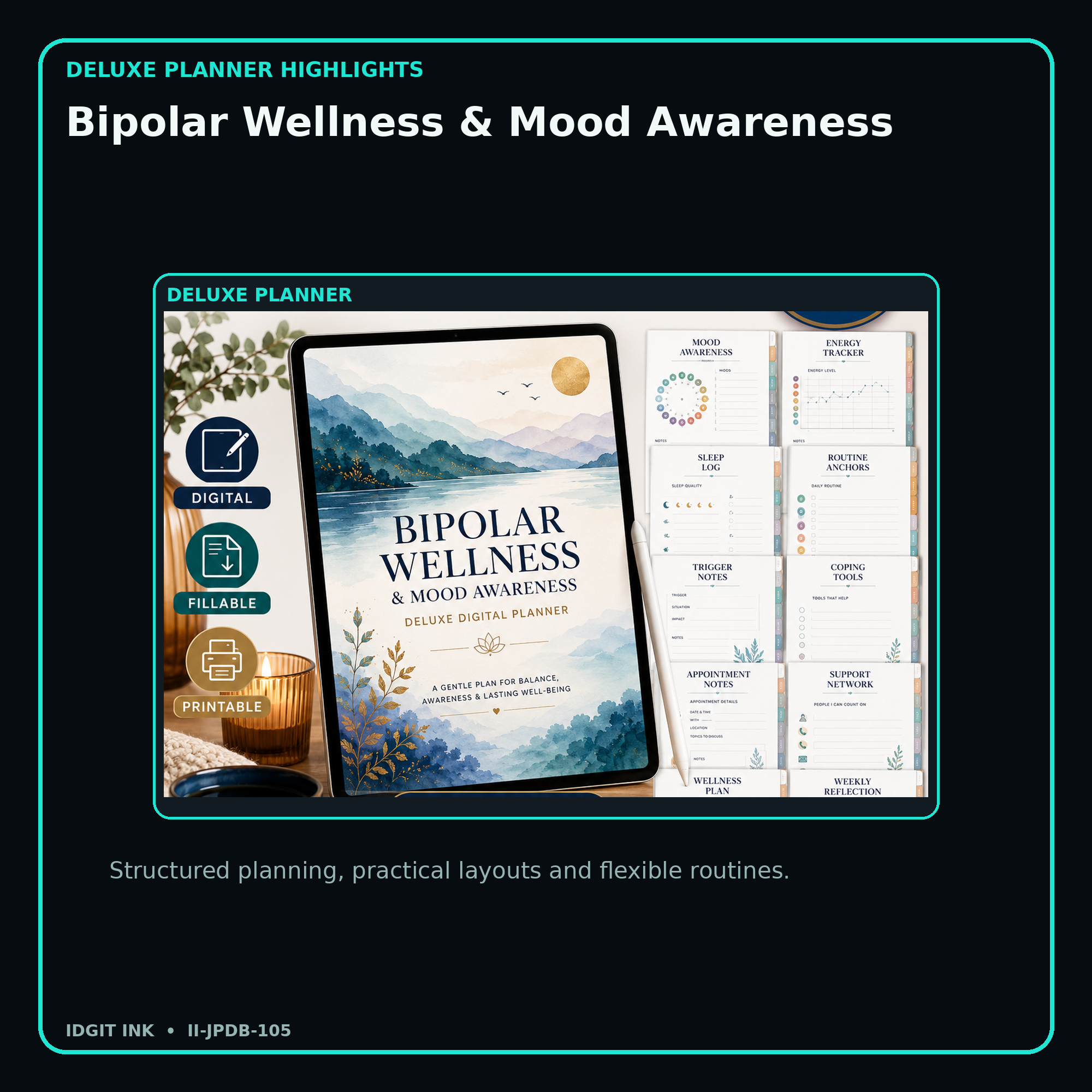 Bipolar Wellness & Mood Awareness deluxe digital planner features and flexible organization