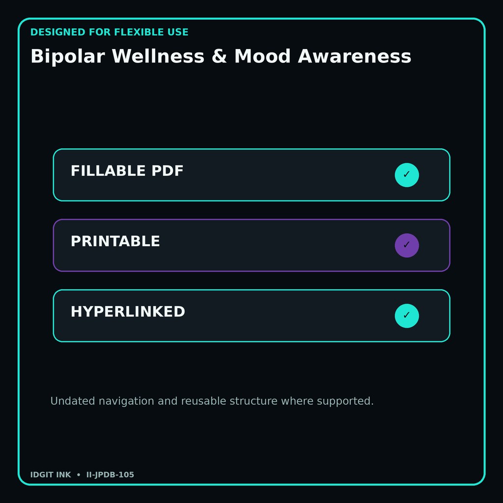 Bipolar Wellness & Mood Awareness fillable printable and hyperlinked digital features