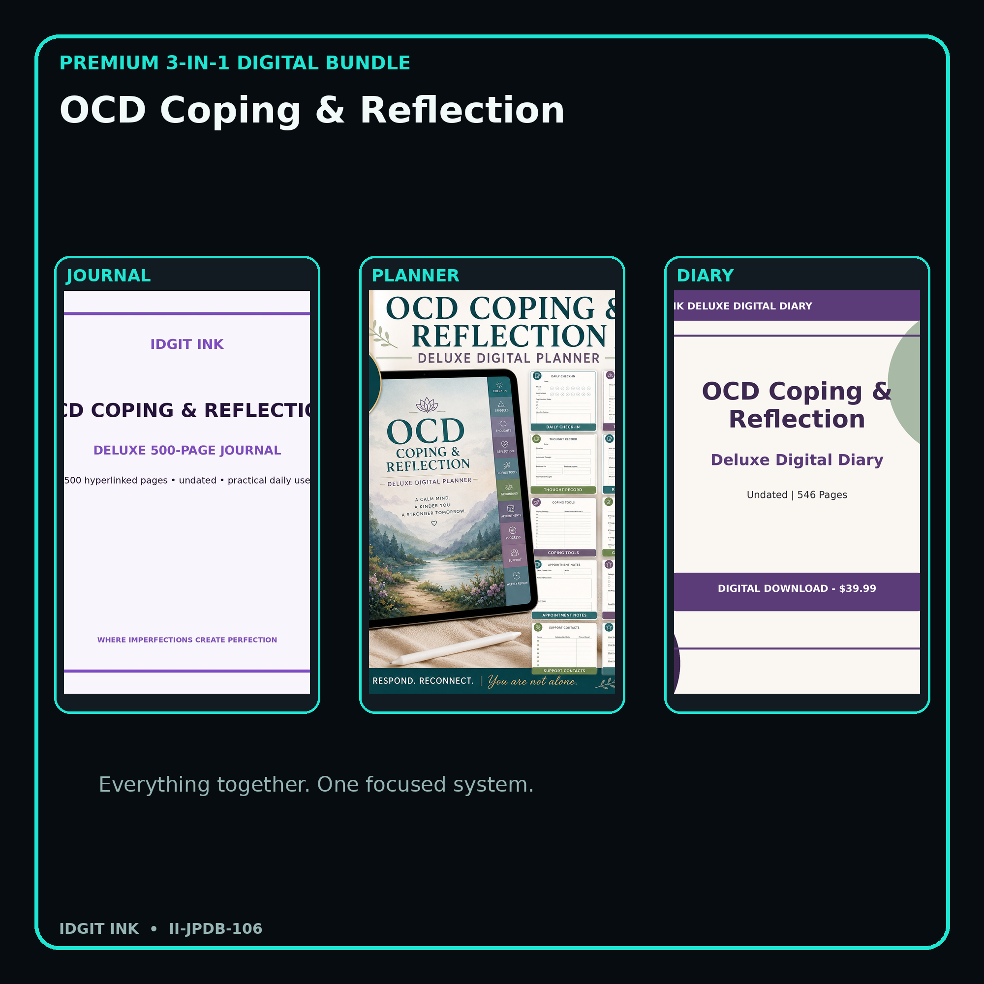 OCD Coping & Reflection premium digital journal planner and diary bundle cover