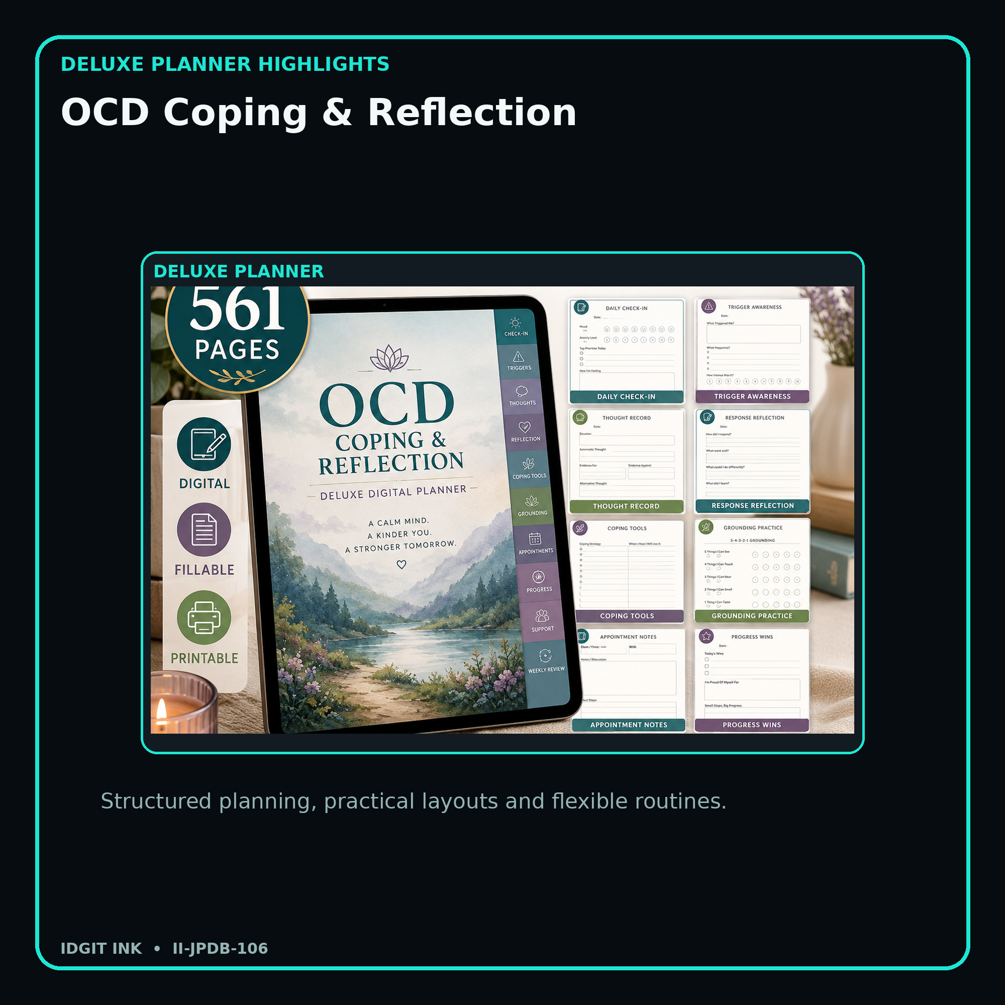 OCD Coping & Reflection deluxe digital planner features and flexible organization