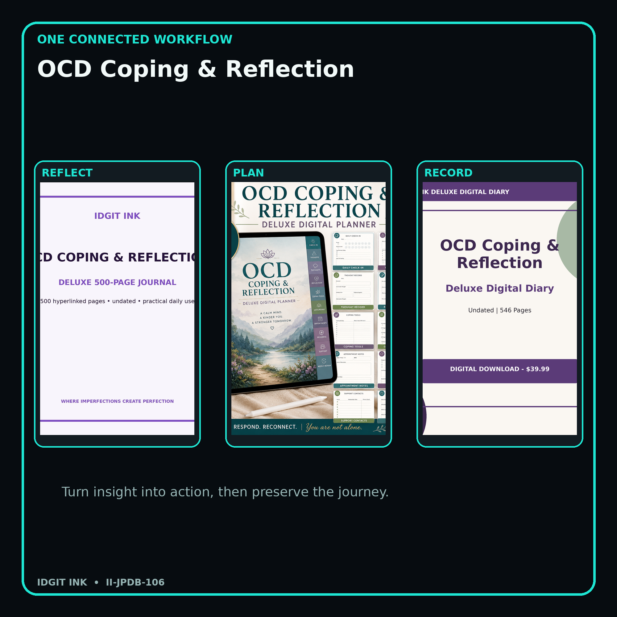 OCD Coping & Reflection connected journal planner diary workflow and customer benefits