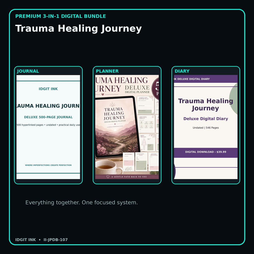 Trauma Healing Journey premium digital journal planner and diary bundle cover