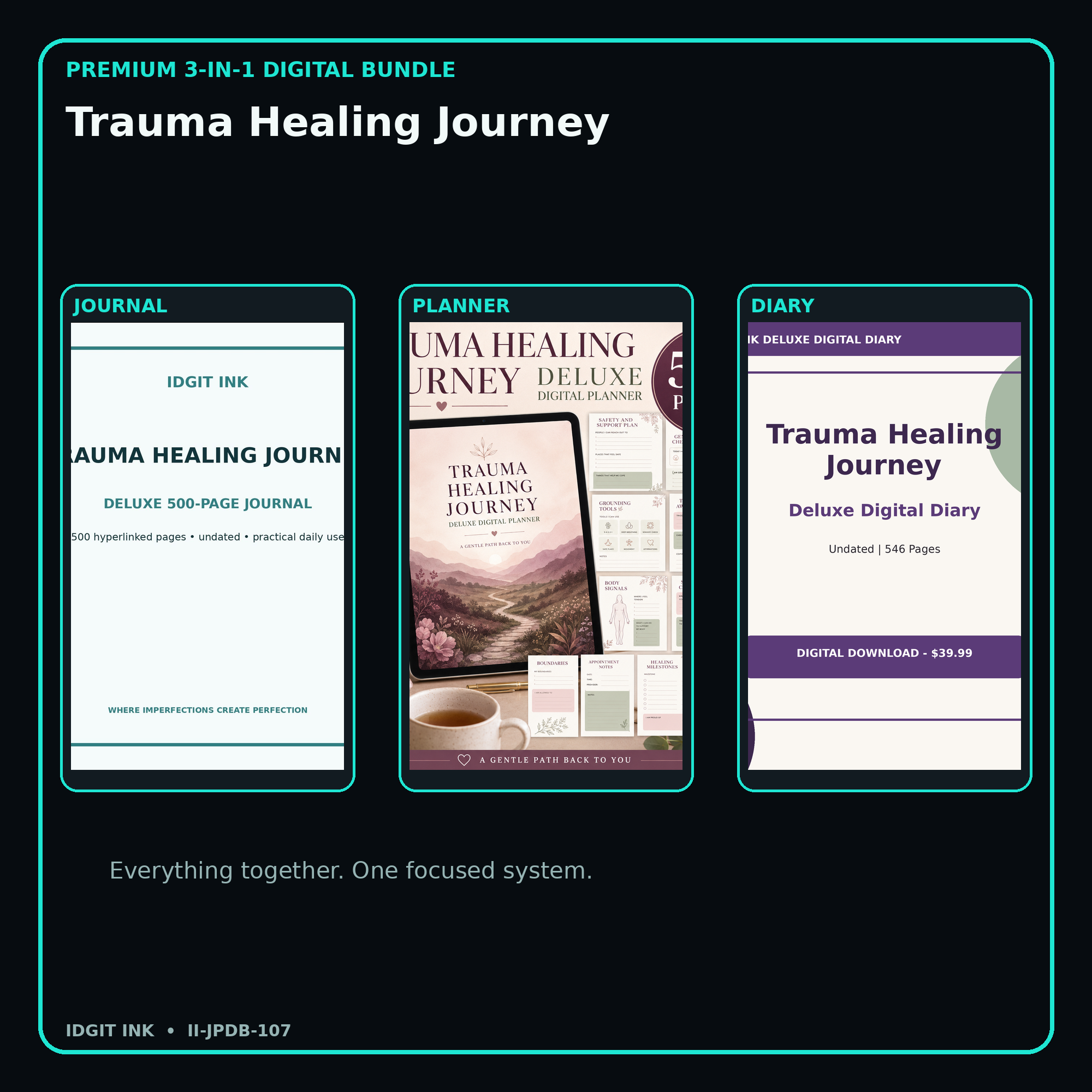 Trauma Healing Journey premium digital journal planner and diary bundle cover