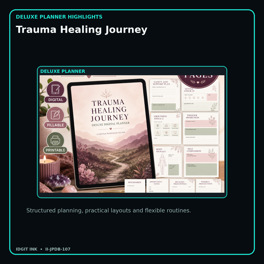 Trauma Healing Journey deluxe digital planner features and flexible organization