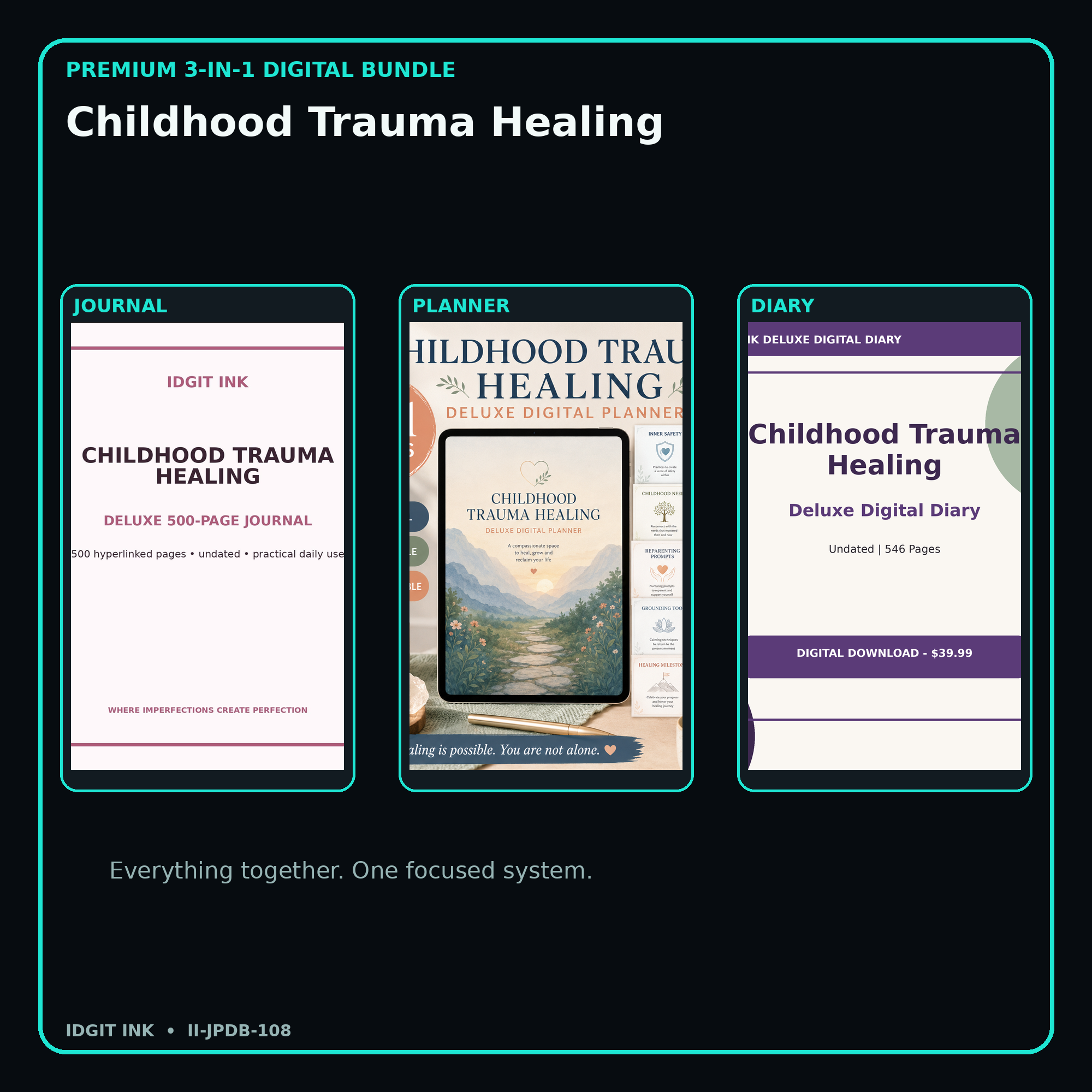 Childhood Trauma Healing premium digital journal planner and diary bundle cover