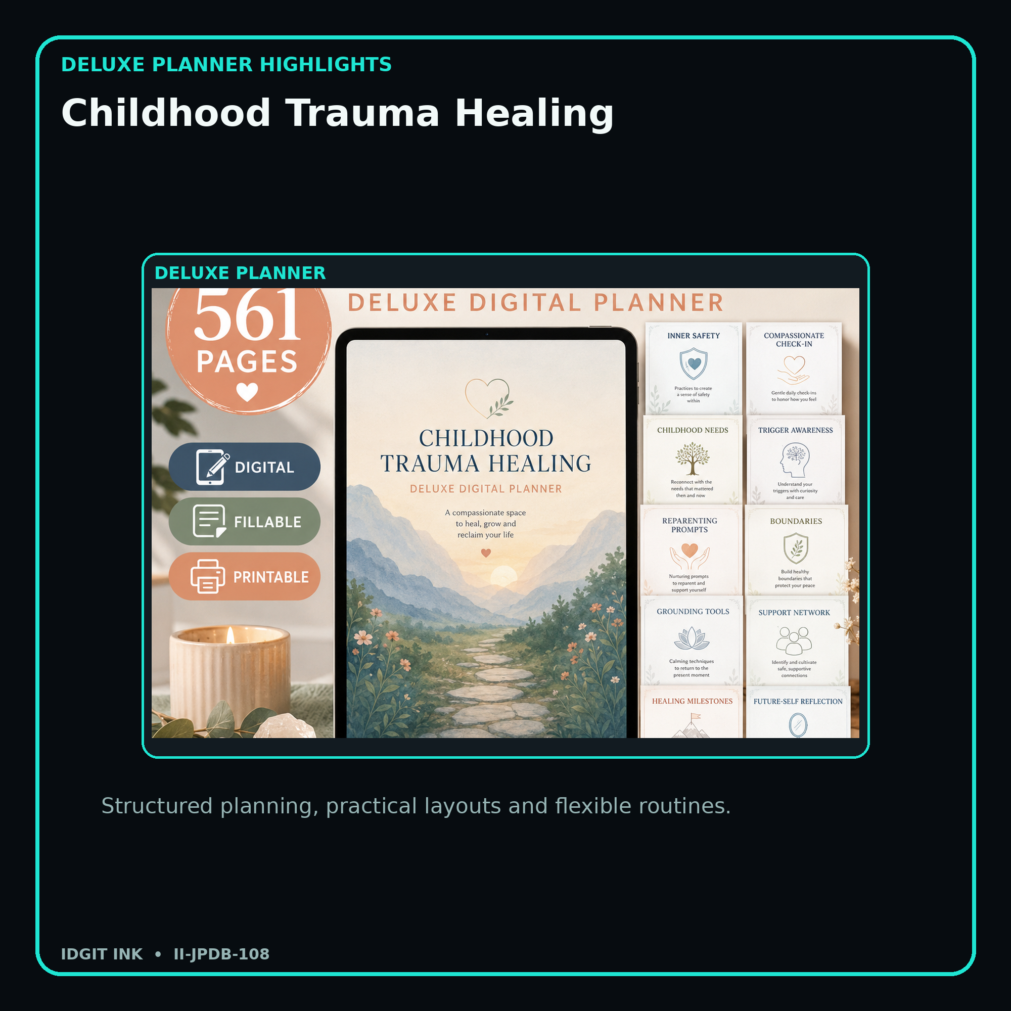 Childhood Trauma Healing deluxe digital planner features and flexible organization