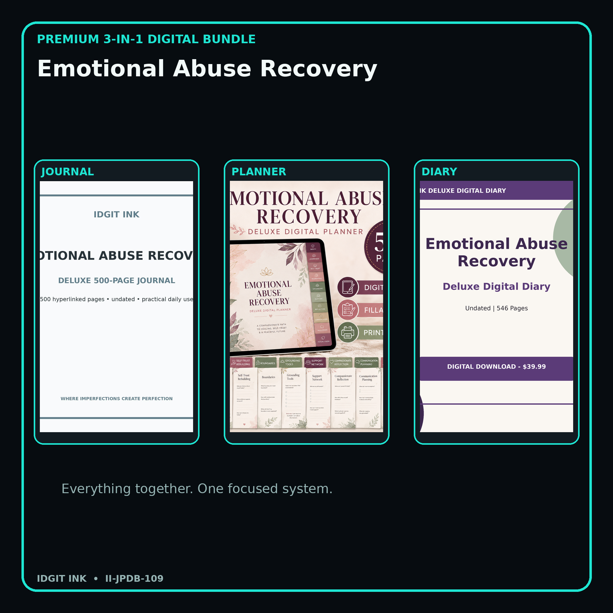 Emotional Abuse Recovery premium digital journal planner and diary bundle cover