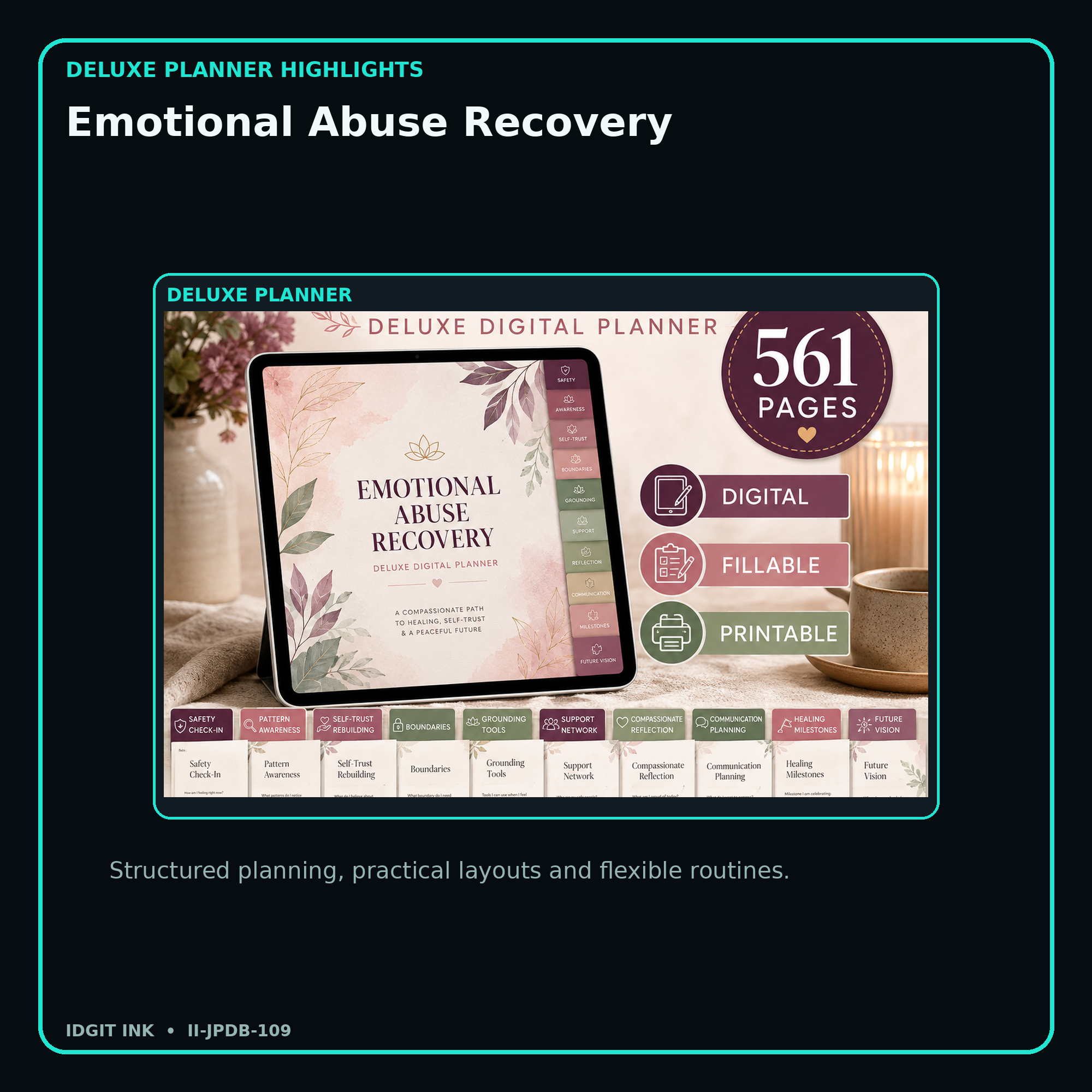 Emotional Abuse Recovery deluxe digital planner features and flexible organization