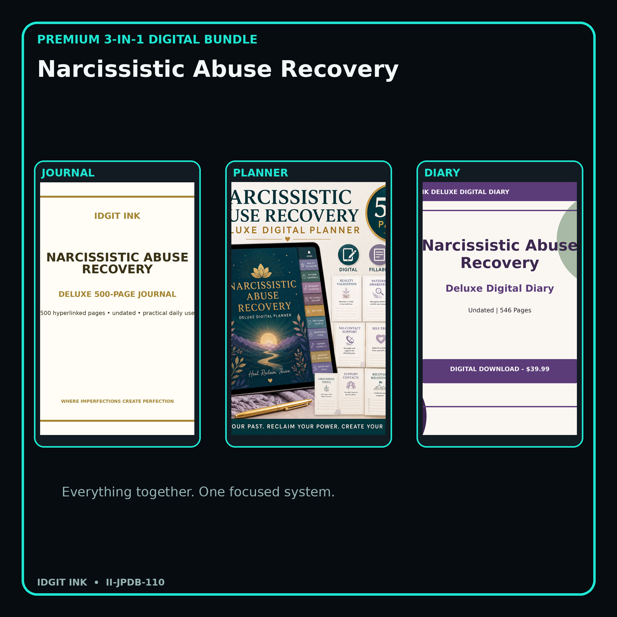 Narcissistic Abuse Recovery premium digital journal planner and diary bundle cover