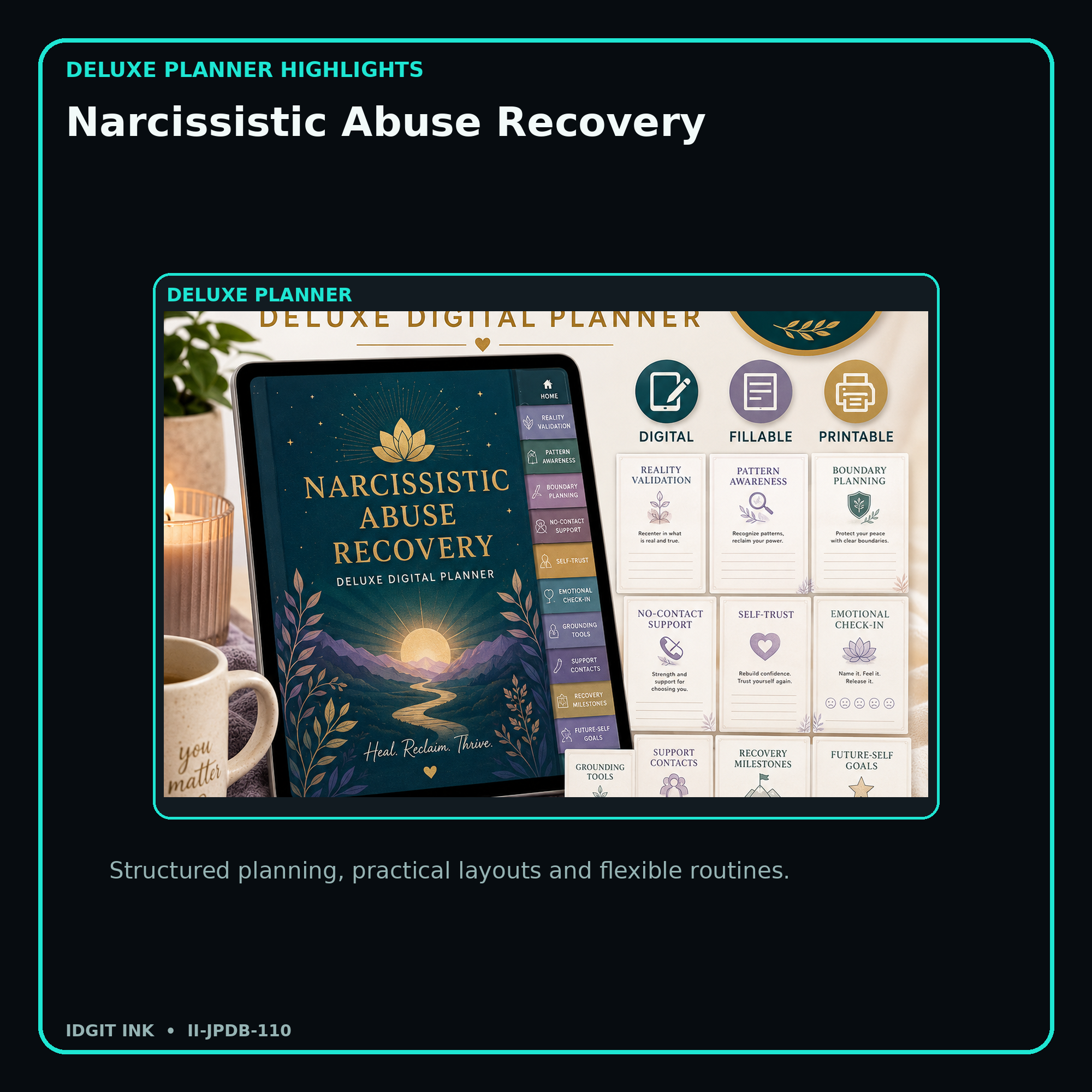 Narcissistic Abuse Recovery deluxe digital planner features and flexible organization