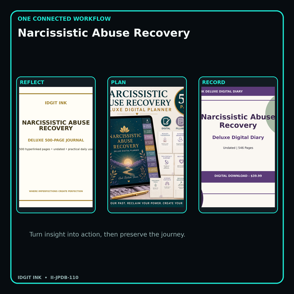 Narcissistic Abuse Recovery connected journal planner diary workflow and customer benefits