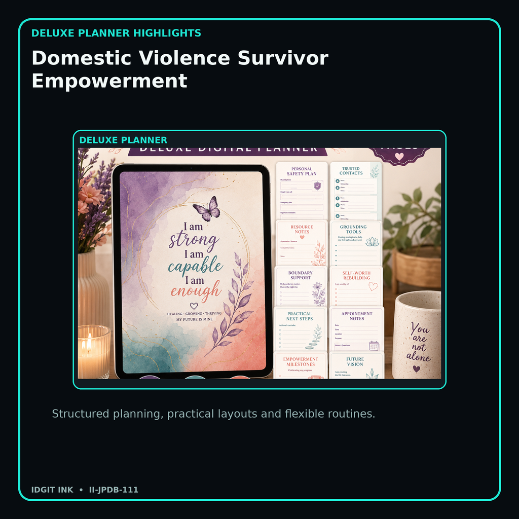 Domestic Violence Survivor Empowerment deluxe digital planner features and flexible organization