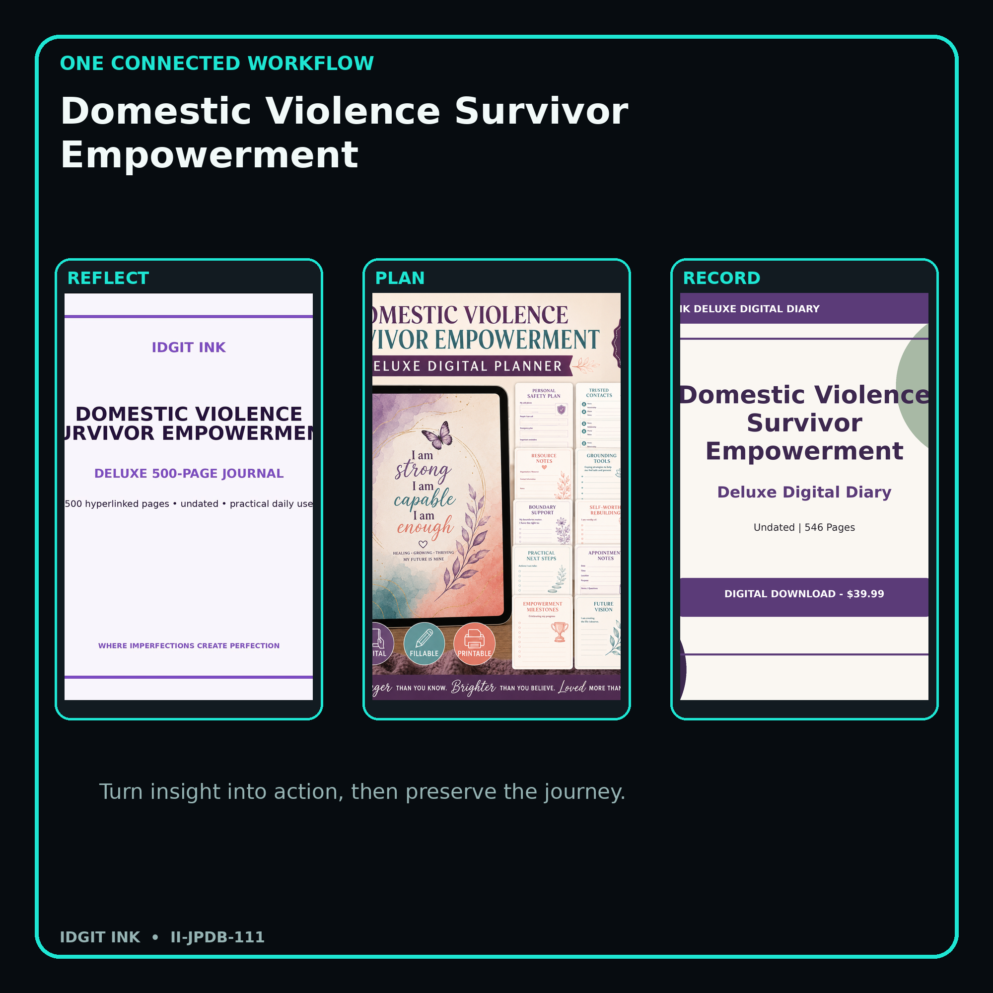 Domestic Violence Survivor Empowerment connected journal planner diary workflow and customer benefits