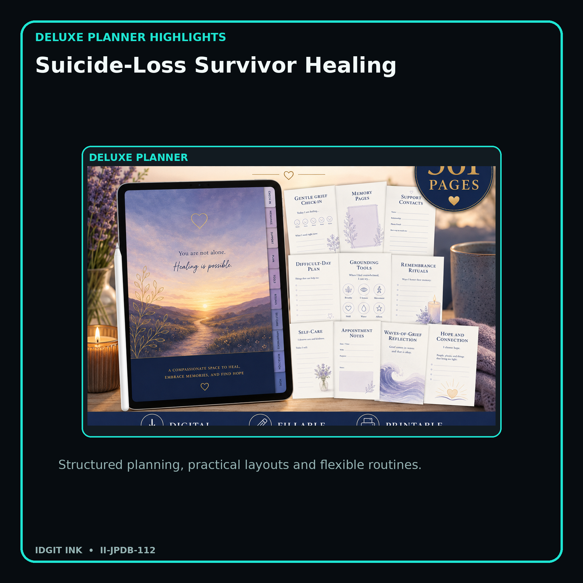 Suicide-Loss Survivor Healing deluxe digital planner features and flexible organization